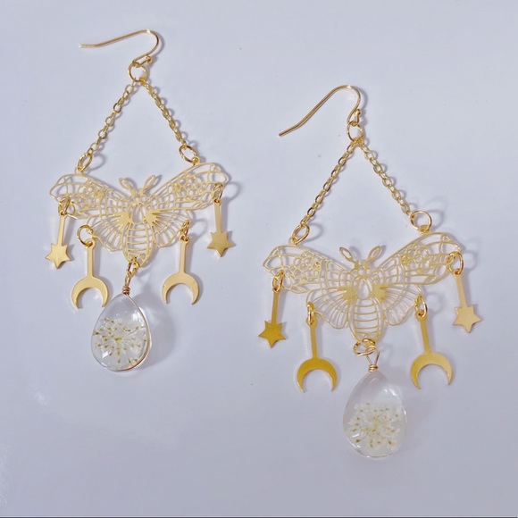 Moth flower moon stars earrings gold dangle boho - Picture 6 of 6